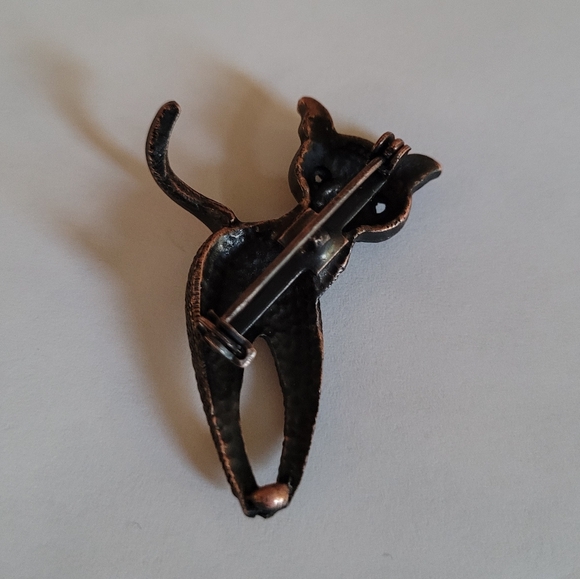 Vintage Copper Cat‎ Brooch with Green  Eyes and White Rhinestone Collar - Picture 2 of 4